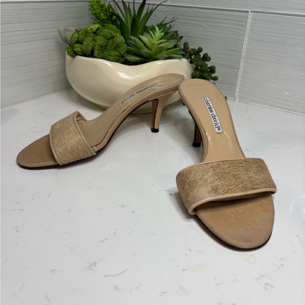 Vtg Charles David Pony Hair Kitten Heel Mules Tan Leather Sandals Sz 5.5 B Spain